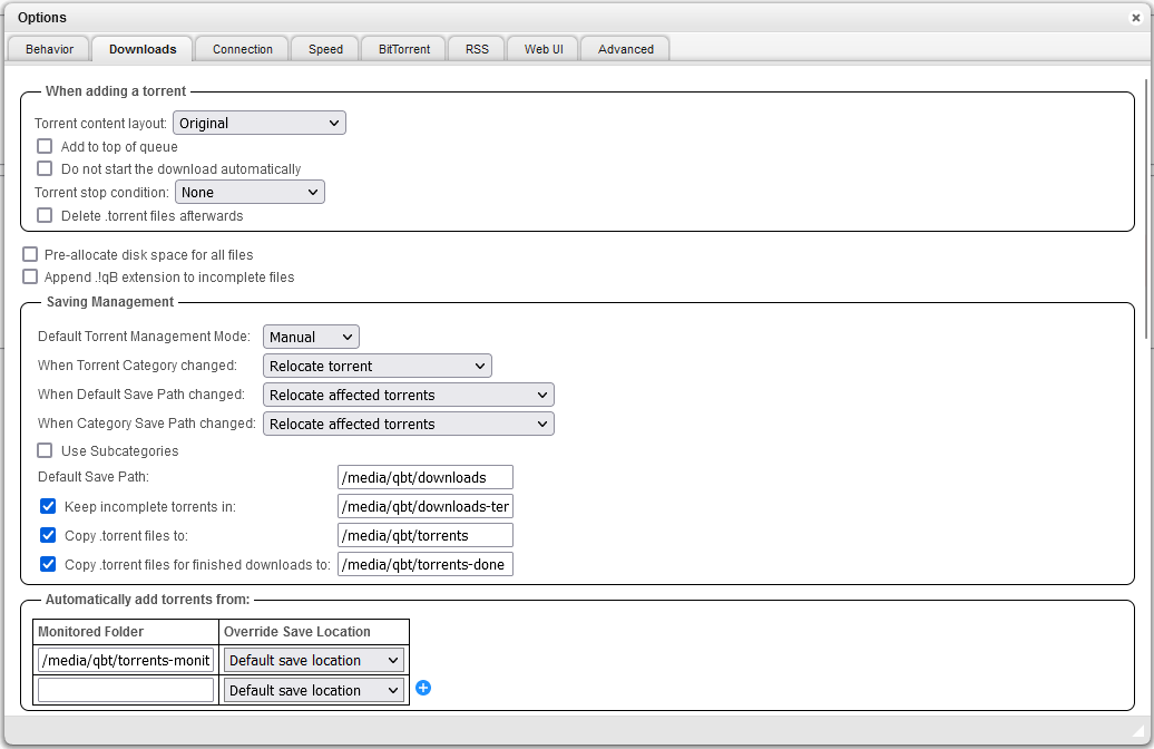 QbitTorrent downloads settings